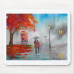 Rainy day autumn red bus umbrella painting mousepad