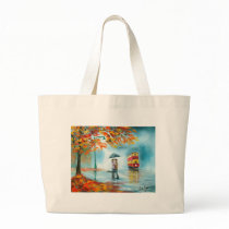 Rainy day autumn red tram umbrella romantic couple canvas bags