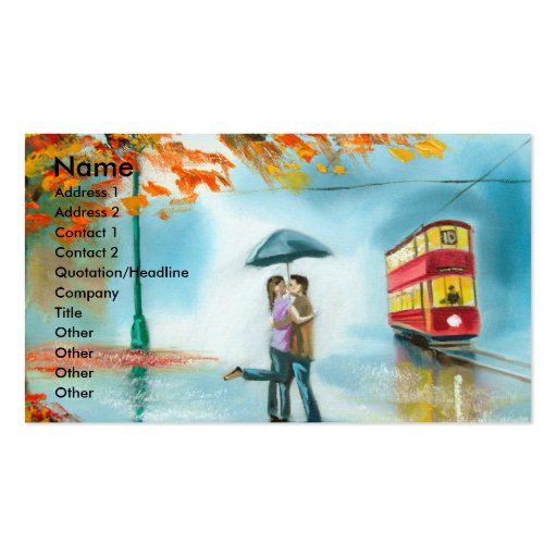 Rainy day autumn red tram umbrella romantic couple business card (front side)