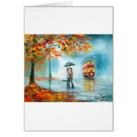 Rainy day autumn red tram umbrella romantic couple greeting card