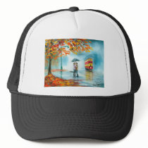 Rainy day autumn red tram umbrella romantic couple mesh hat