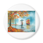 Rainy day autumn red tram umbrella romantic couple refrigerator magnet