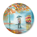 Rainy day autumn red tram umbrella romantic couple refrigerator magnet