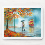 Rainy day autumn red tram umbrella romantic couple mousepads