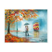 Rainy day autumn red tram umbrella romantic couple post cards