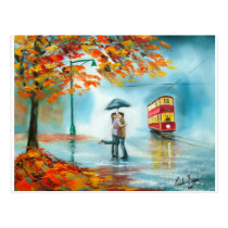 Rainy day autumn red tram umbrella romantic couple postcards