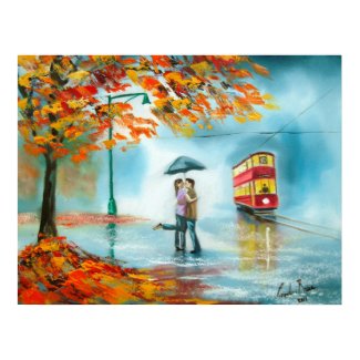Rainy day autumn red tram umbrella romantic couple print