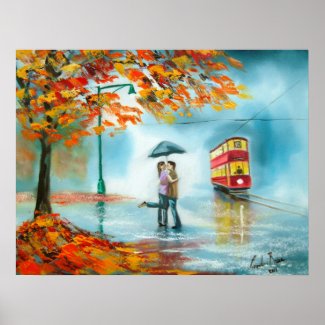Rainy day autumn red tram umbrella romantic couple poster