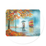 Rainy day autumn red tram umbrella romantic couple round stickers