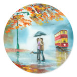 Rainy day autumn red tram umbrella romantic couple sticker