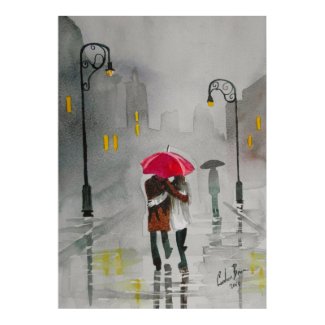 Rainy day autumn red umbrella romantic couple print