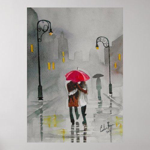 Rainy day autumn red umbrella romantic couple print