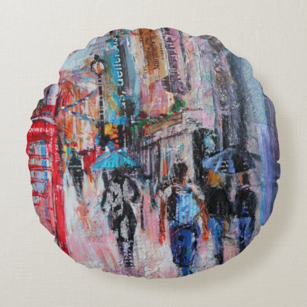 Rainy Day Carnaby Street Round Pillow