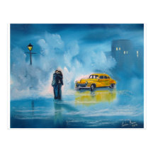 RAINY DAY COUPLE YELLOW TAXI CAB POST CARD