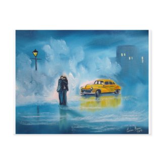 RAINY DAY COUPLE YELLOW TAXI CAB postcard