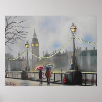Rainy day in London couple with an umbrella Print