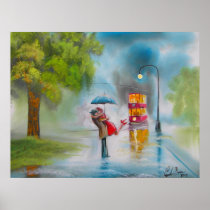 RAINY DAY KISSING COUPLE TRAM UMBRELLA POSTERS