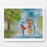 Rainy day red tram romantic couple umbrella mousepad