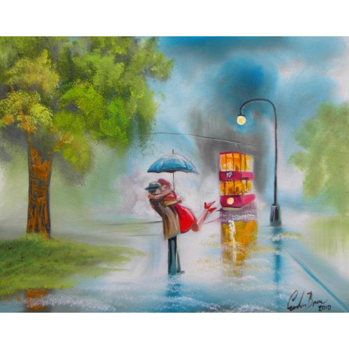 Rainy day red tram romantic couple umbrella print