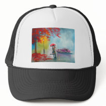 RAINY DAY RED UMBRELLA ROMANTIC COUPLE TRUCKER HATS