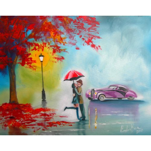 RAINY DAY RED UMBRELLA ROMANTIC COUPLE print