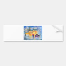 Rainy day red umbrella romantic couple walk bumper stickers