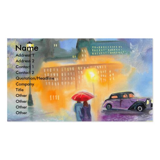 Rainy day red umbrella romantic couple walk business cards (front side)