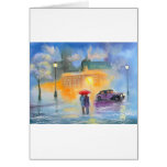 Rainy day red umbrella romantic couple walk greeting card