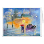 Rainy day red umbrella romantic couple walk greeting cards