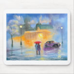 Rainy day red umbrella romantic couple walk mousepads