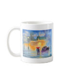 Rainy day red umbrella romantic couple walk coffee mug