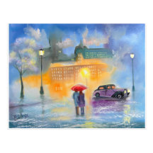 Rainy day red umbrella romantic couple walk post cards