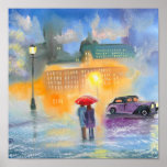 Rainy day red umbrella romantic couple walk posters