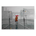 RAINY DAY RED UMBRELLA street scene PAINTING card