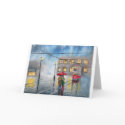 RAINY DAY RED UMBRELLA street scene PAINTING card