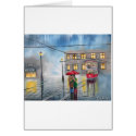 RAINY DAY RED UMBRELLA street scene PAINTING card