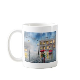RAINY DAY RED UMBRELLA street scene PAINTING mug