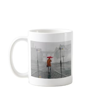 RAINY DAY RED UMBRELLA street scene PAINTING mug