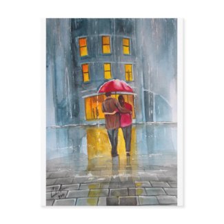 RAINY DAY RED UMBRELLA street scene PAINTING postcard