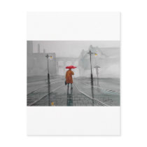 RAINY DAY RED UMBRELLA street scene PAINTING Postcard