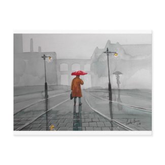 RAINY DAY RED UMBRELLA street scene PAINTING postcard