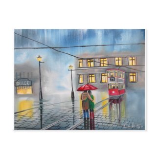 RAINY DAY RED UMBRELLA street scene PAINTING postcard