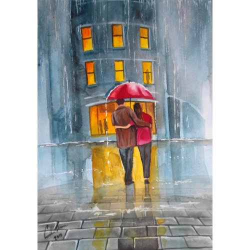 RAINY DAY RED UMBRELLA street scene PAINTING print