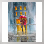 RAINY DAY RED UMBRELLA street scene PAINTING Posters