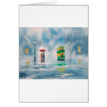 Rainy day red umbrella tram couple painting greeting card