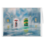 Rainy day red umbrella tram couple painting greeting cards