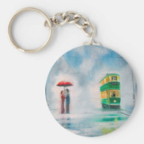 Rainy day red umbrella tram couple painting keychains