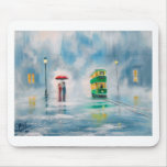 Rainy day red umbrella tram couple painting mousepads