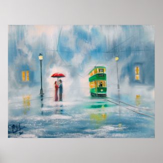 Rainy day red umbrella tram couple painting poster