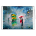 RAINY DAY RED UMBRELLA tram street scene PAINTING card